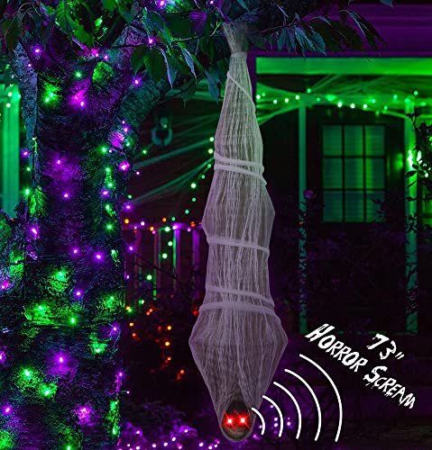 Cocoon Corpse Halloween Decorations Outdoor: Horror Scream with Lighted LED Eyes - Haunted House Props Creepy Tree Hanging Decor 73 inches（Batteries Not Included）