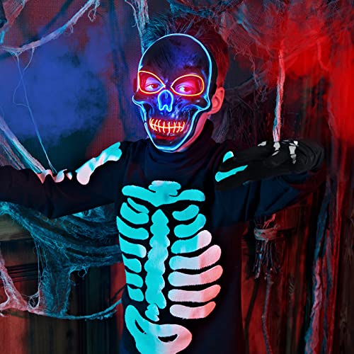 Halloween LED Mask and Skeleton Gloves, Scary Mask Light up with 3 Lighting Mode, Light up Mask for Halloween Cosplay Costume