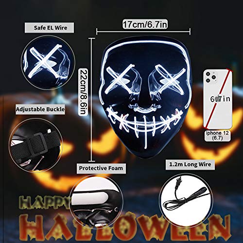 Halloween Led Light Up Mask, Purge Mask, Scary Mask Cosplay Led Costume Mask for Kids, Children & Adults with EL Wire Light up for Halloween, Festival Party, Masquerade, Carnival