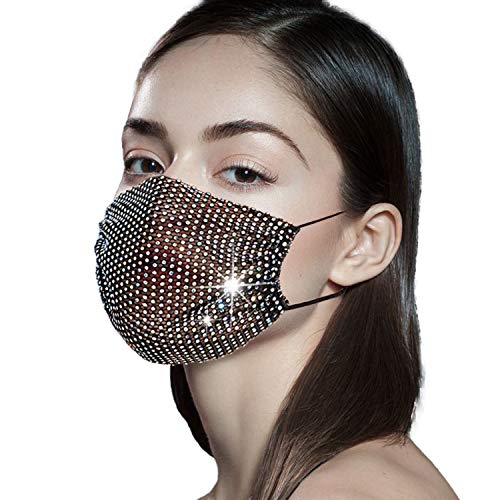 Sparkly Rhinestone Mesh Face Mask for Women Crystal Masquerade Face Masks Halloween Party for Girls (Black-1pcs)