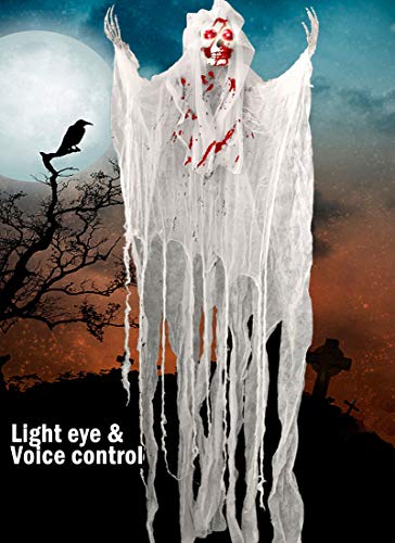 5.2ft Animated Halloween Decorations Outdoor Scary Haunted House Prop Decor Party Hanging Screaming Bride Ghost Skull with Voice Activated Scary and Flashing Eyes Creepy for Home Yard Outside indoor