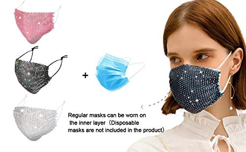Sparkly Rhinestone Mesh Face Mask for Women Crystal Masquerade Face Masks Halloween Party for Girls (Black-1pcs)