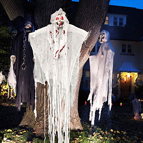 5.2ft Animated Halloween Decorations Outdoor Scary Haunted House Prop Decor Party Hanging Screaming Bride Ghost Skull with Voice Activated Scary and Flashing Eyes Creepy for Home Yard Outside indoor