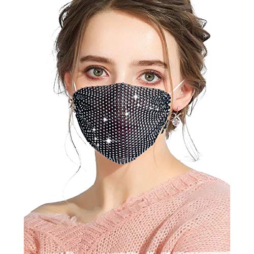 Sparkly Rhinestone Mesh Face Mask for Women Crystal Masquerade Face Masks Halloween Party for Girls (Black-1pcs)