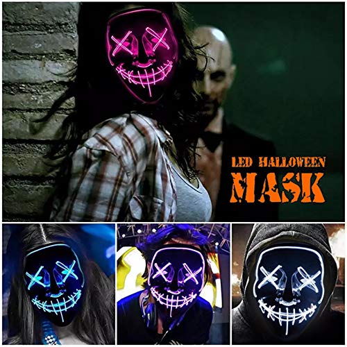 Halloween Led Light Up Mask, Purge Mask, Scary Mask Cosplay Led Costume Mask for Kids, Children & Adults with EL Wire Light up for Halloween, Festival Party, Masquerade, Carnival