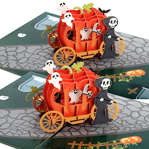 2 Pieces Halloween Pop Up Card Pumpkin Truck Card 3D Halloween Greeting Cards Trick or Treat Card with Envelope for Kids Happy Holiday Presents (Pumpkin Car)