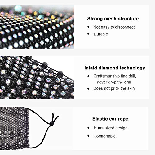 Sparkly Rhinestone Mesh Face Mask for Women Crystal Masquerade Face Masks Halloween Party for Girls (Black-1pcs)