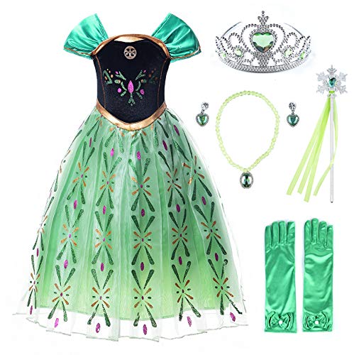 JerrisApparel Girls Princess Costume Snow Party Halloween Cosplay Fancy Dress (5, Green with Accessories)