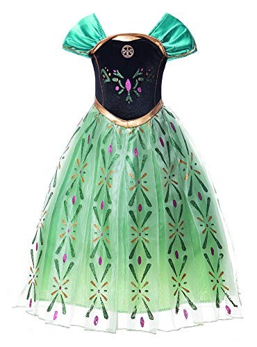 JerrisApparel Girls Princess Costume Snow Party Halloween Cosplay Fancy Dress (5, Green with Accessories)