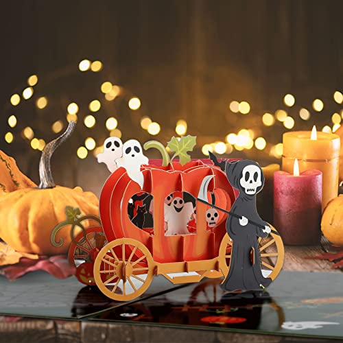 2 Pieces Halloween Pop Up Card Pumpkin Truck Card 3D Halloween Greeting Cards Trick or Treat Card with Envelope for Kids Happy Holiday Presents (Pumpkin Car)
