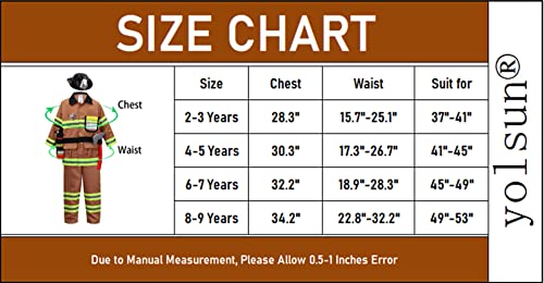 yolsun Tan Fireman Costume for Kids, Boys' and Girls' Firefighter Dress up (7 pcs) 4-5 Years