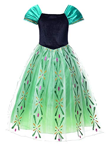 JerrisApparel Girls Princess Costume Snow Party Halloween Cosplay Fancy Dress (5, Green with Accessories)