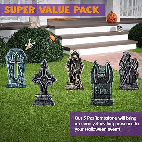 JOYIN 17” Halloween Foam RIP Graveyard Tombstones (5 Pack), Headstone Decorations and 12 Bonus Metal Stakes for Halloween Yard Decorations