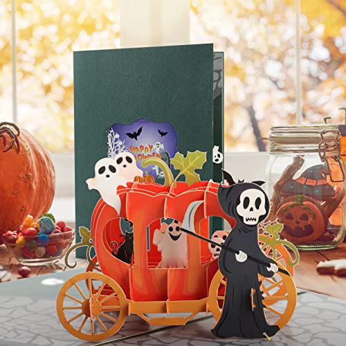2 Pieces Halloween Pop Up Card Pumpkin Truck Card 3D Halloween Greeting Cards Trick or Treat Card with Envelope for Kids Happy Holiday Presents (Pumpkin Car)