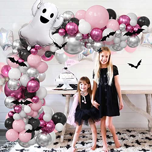 Pink Halloween Party Decorations for Girls - 175PCS Pink and Black Halloween Balloon Garland Arch Kit with Ghost Balloons, 3D Bat Stickers for Baby Girls Halloween Baby Shower Birthday Party Supplies