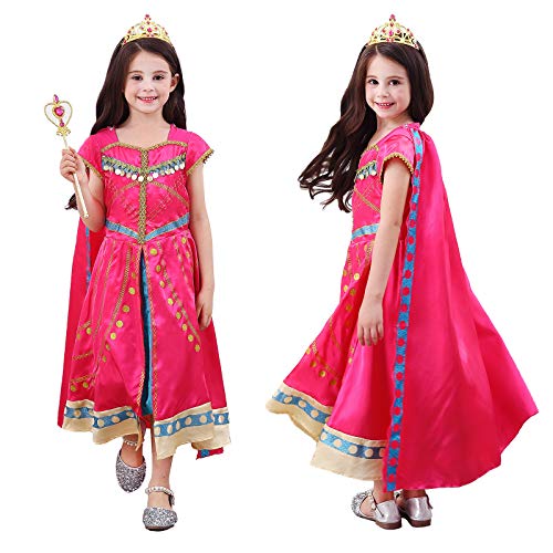 Princess Jasmine Costume Dress Up Clothes Fancy Arabian Outfit Attire with Cape Tiara Wand Gloves Accessories Set for Little Toddler Girls Kids Halloween Cosplay Birthday Party 4T 5T 4-5 Years