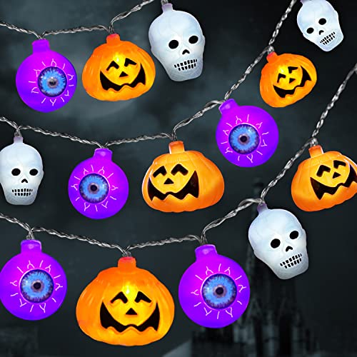 TURNMEON 10 Ft 30 LED Halloween String Lights Decor Jumbo Size 3D Purple Eyeballs White Skull Skeleton Orange Pumpkin Lights Battery Operated Halloween Scary Decoration Outdoor Indoor Home Yard Party