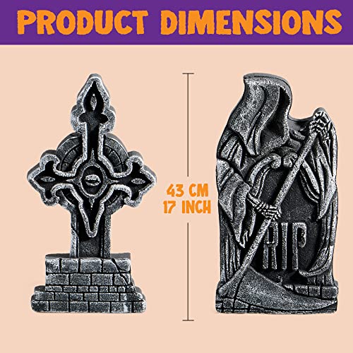 JOYIN 17” Halloween Foam RIP Graveyard Tombstones (5 Pack), Headstone Decorations and 12 Bonus Metal Stakes for Halloween Yard Decorations