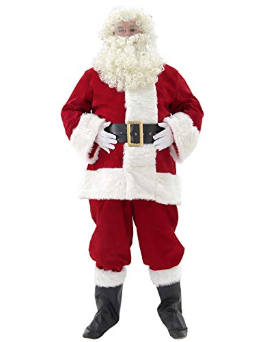 Higen Men's Santa Suit 10pc Deluxe Santa Claus Costume Adult Christmas Crimson Regency Plush Red S