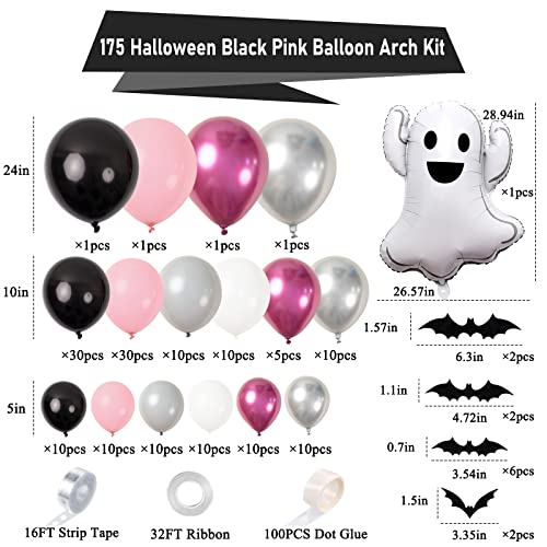Pink Halloween Party Decorations for Girls - 175PCS Pink and Black Halloween Balloon Garland Arch Kit with Ghost Balloons, 3D Bat Stickers for Baby Girls Halloween Baby Shower Birthday Party Supplies
