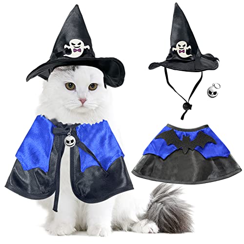 Halloween Cat Costume: Cat Witch Hat with Pet Cape, Funny Cat Wizard Costume, Cat Halloween Party Cosplay Clothes, Cute Cat Outfit for Cats Kittens Small Dogs (Blue)