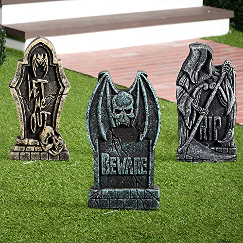 JOYIN 17” Halloween Foam RIP Graveyard Tombstones (5 Pack), Headstone Decorations and 12 Bonus Metal Stakes for Halloween Yard Decorations