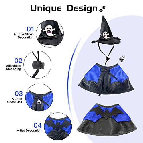 Halloween Cat Costume: Cat Witch Hat with Pet Cape, Funny Cat Wizard Costume, Cat Halloween Party Cosplay Clothes, Cute Cat Outfit for Cats Kittens Small Dogs (Blue)