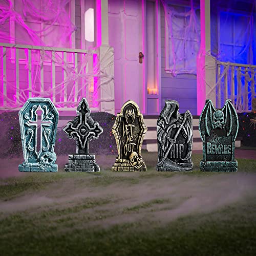 JOYIN 17” Halloween Foam RIP Graveyard Tombstones (5 Pack), Headstone Decorations and 12 Bonus Metal Stakes for Halloween Yard Decorations