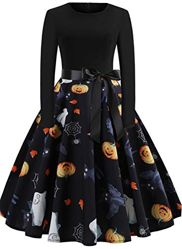 Halloween Dresses Womens Long Sleeve Cocktail Swing Dress Skeleton Pumpkin Printed Cosplay Party Costume