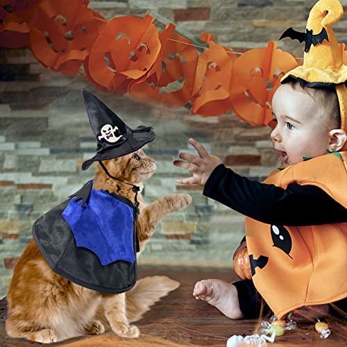 Halloween Cat Costume: Cat Witch Hat with Pet Cape, Funny Cat Wizard Costume, Cat Halloween Party Cosplay Clothes, Cute Cat Outfit for Cats Kittens Small Dogs (Blue)