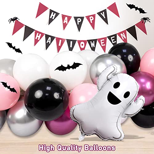 Pink Halloween Party Decorations for Girls - 175PCS Pink and Black Halloween Balloon Garland Arch Kit with Ghost Balloons, 3D Bat Stickers for Baby Girls Halloween Baby Shower Birthday Party Supplies