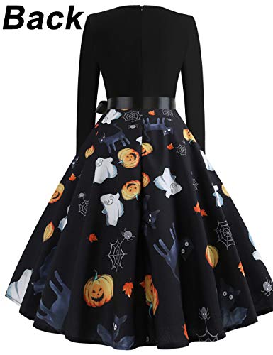 Halloween Dresses Womens Long Sleeve Cocktail Swing Dress Skeleton Pumpkin Printed Cosplay Party Costume