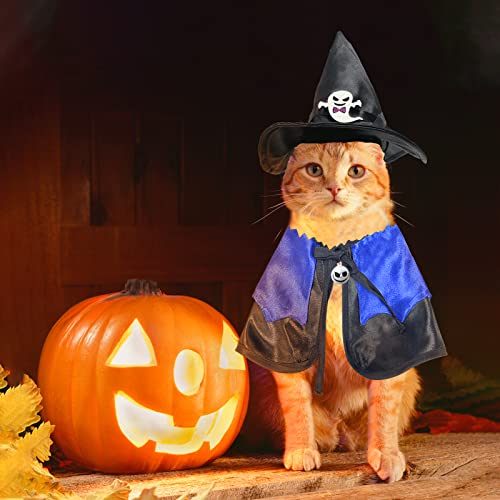 Halloween Cat Costume: Cat Witch Hat with Pet Cape, Funny Cat Wizard Costume, Cat Halloween Party Cosplay Clothes, Cute Cat Outfit for Cats Kittens Small Dogs (Blue)