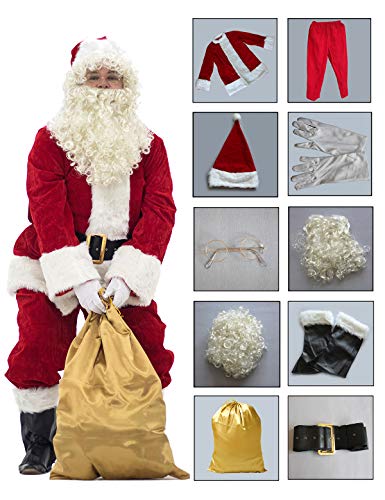 Higen Men's Santa Suit 10pc Deluxe Santa Claus Costume Adult Christmas Crimson Regency Plush Red S