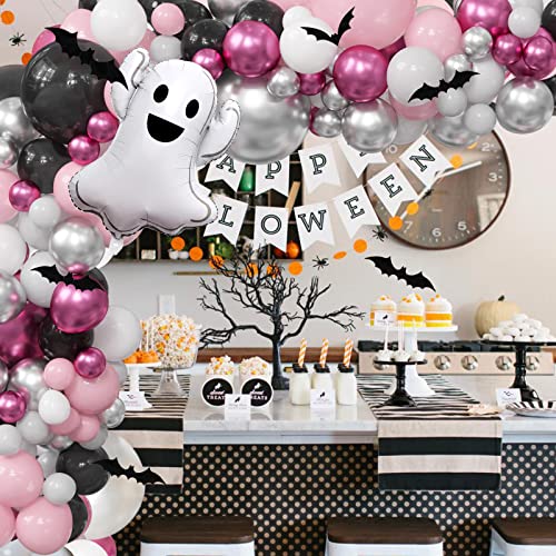 Pink Halloween Party Decorations for Girls - 175PCS Pink and Black Halloween Balloon Garland Arch Kit with Ghost Balloons, 3D Bat Stickers for Baby Girls Halloween Baby Shower Birthday Party Supplies