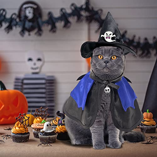 Halloween Cat Costume: Cat Witch Hat with Pet Cape, Funny Cat Wizard Costume, Cat Halloween Party Cosplay Clothes, Cute Cat Outfit for Cats Kittens Small Dogs (Blue)