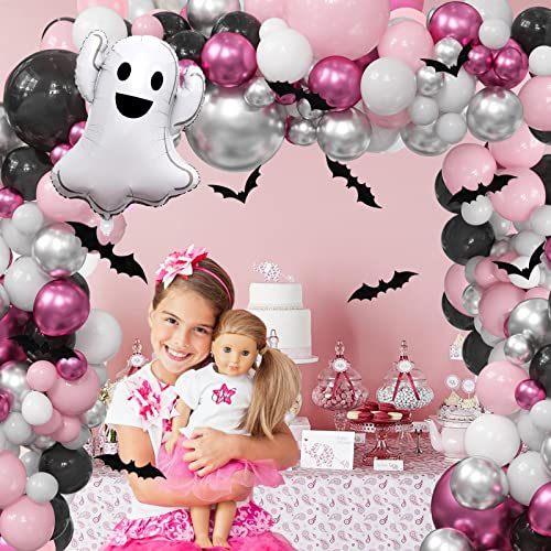 Pink Halloween Party Decorations for Girls - 175PCS Pink and Black Halloween Balloon Garland Arch Kit with Ghost Balloons, 3D Bat Stickers for Baby Girls Halloween Baby Shower Birthday Party Supplies