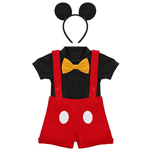 Baby Boy Short Sleeve Gentleman Bowtie Tuxedo Jumpsuit Overall Romper Mouse 1st Birthday Outfit Halloween Xmas First Christmas Clothing Headband Bowtie Infant Easter Day Clothing Red 12-18 Months
