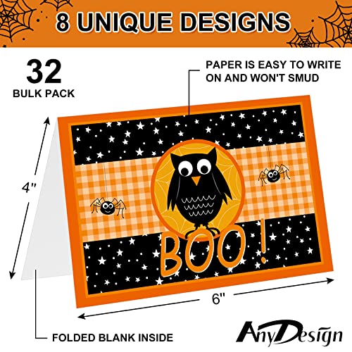 AnyDesign 32 Pack Halloween Greeting Cards with Matching Stickers Envelopes Ghost Trick or Treat Boo Invitation Cards Blank Note Cards for Halloween Party Invitation Gift Supplies, 4 x 6 Inch