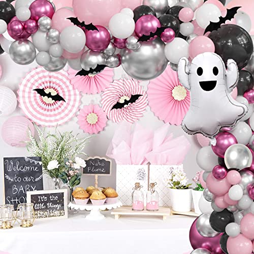 Pink Halloween Party Decorations for Girls - 175PCS Pink and Black Halloween Balloon Garland Arch Kit with Ghost Balloons, 3D Bat Stickers for Baby Girls Halloween Baby Shower Birthday Party Supplies