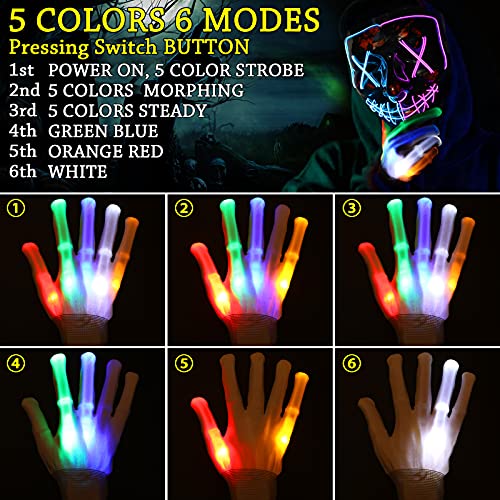 ORWINE Halloween Purge Masks LED Skeleton Gloves Set, Halloween LED Masks Light Up Scary Mask Hacker Mask with Glow Gloves Halloween Cosplay Party Costume for Boys Girls (Blue & Purple)