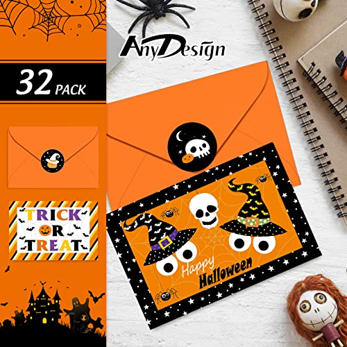 AnyDesign 32 Pack Halloween Greeting Cards with Matching Stickers Envelopes Ghost Trick or Treat Boo Invitation Cards Blank Note Cards for Halloween Party Invitation Gift Supplies, 4 x 6 Inch