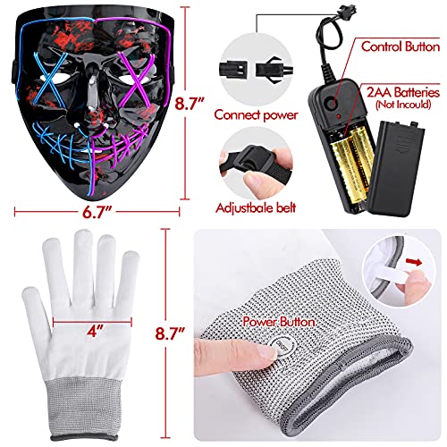 ORWINE Halloween Purge Masks LED Skeleton Gloves Set, Halloween LED Masks Light Up Scary Mask Hacker Mask with Glow Gloves Halloween Cosplay Party Costume for Boys Girls (Blue & Purple)