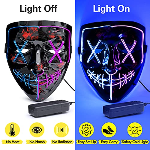 ORWINE Halloween Purge Masks LED Skeleton Gloves Set, Halloween LED Masks Light Up Scary Mask Hacker Mask with Glow Gloves Halloween Cosplay Party Costume for Boys Girls (Blue & Purple)