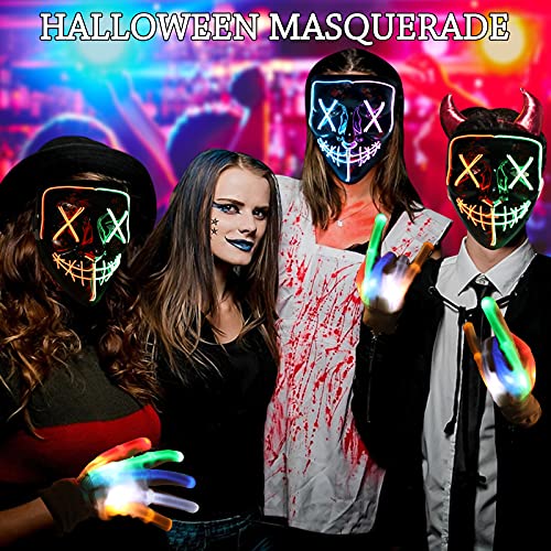 ORWINE Halloween Purge Masks LED Skeleton Gloves Set, Halloween LED Masks Light Up Scary Mask Hacker Mask with Glow Gloves Halloween Cosplay Party Costume for Boys Girls (Blue & Purple)