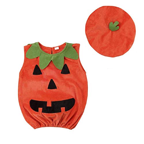 Toddler Infant Baby Boy Girl Halloween Pumpkin Costumes Sleeveless Romper Outfit with Hat (Orange, 6-12 Months)