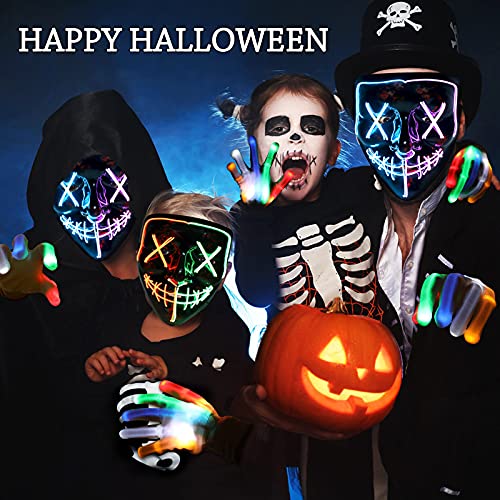ORWINE Halloween Purge Masks LED Skeleton Gloves Set, Halloween LED Masks Light Up Scary Mask Hacker Mask with Glow Gloves Halloween Cosplay Party Costume for Boys Girls (Blue & Purple)