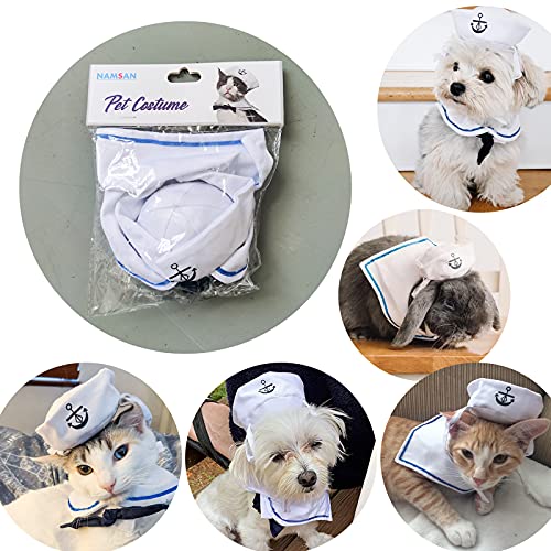 NAMSAN Pet Sailor Costume for Cats Small Dogs Halloween Cat Sailor Hat with Tie Collar Doggy Navy Outfit Cosplay Apparel