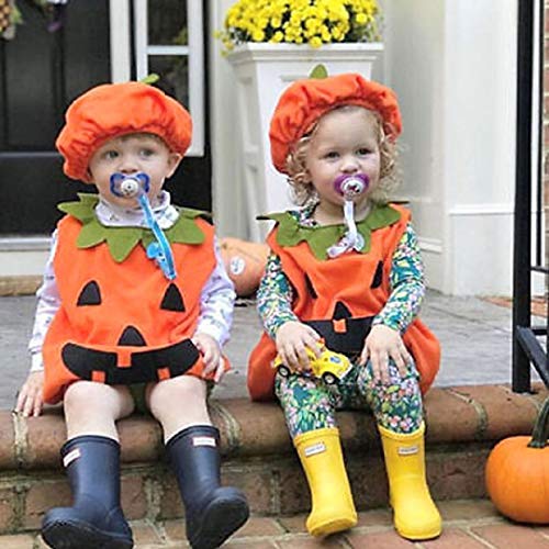 Toddler Infant Baby Boy Girl Halloween Pumpkin Costumes Sleeveless Romper Outfit with Hat (Orange, 6-12 Months)