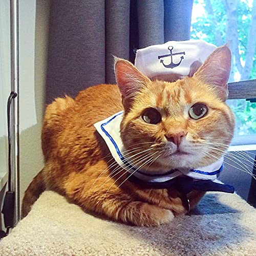 NAMSAN Pet Sailor Costume for Cats Small Dogs Halloween Cat Sailor Hat with Tie Collar Doggy Navy Outfit Cosplay Apparel